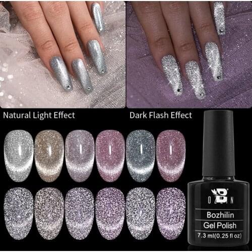 BOZLIN Magnetic Gel Disco Reflective Cat Eye 7.3ML Glitter Nail Polish Holographic Effect Soak Off UV Gel For Nail Art Design