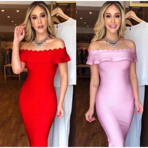 Moonccloset1 2019 New Rayon Off Shoulder Bandage Dress Red Christmas Outfit Elegant Party Wear Fashion Women Dress