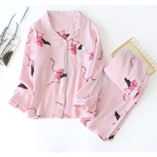 Women 100% Cotton Long Sleeve Pants Pajamas Flamingo Printing Pijamas 2 Piece Suit Loungewear Thin Crepe Fabric Home Sleepwear