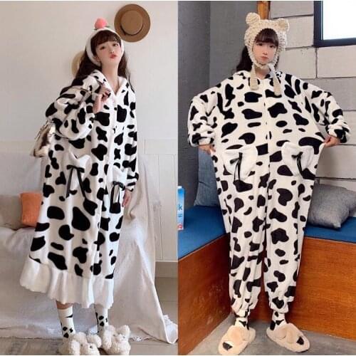 Women Autumn Winter Dairy Cow Print Pajamas Loose Sleepwear Hooded Nightgown Cartoon Student Nightdress Siamese Pyjamas Homewear