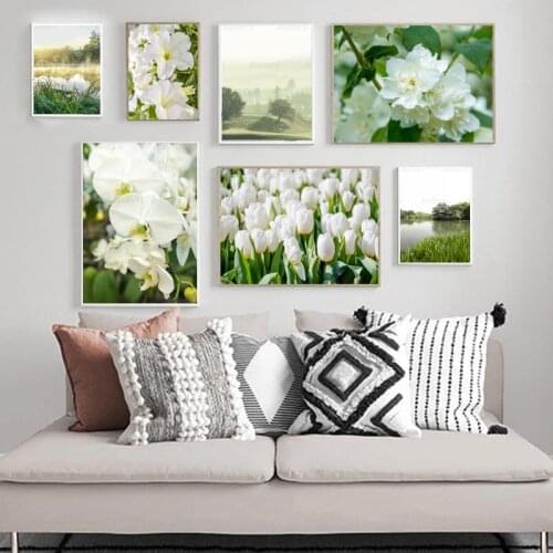 Modern White Orchid Tulip Flower Painting Lake Fresh Landscape Nordic Poster and Print Canvas Painting Home Decoration Wall Art