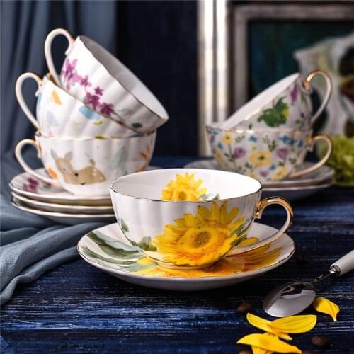 European Bone China Modern Coffee Cup with Saucer Set Ceramic Sunflower Pattern Teacup Creative Porcelain Milk Mug Wedding Gift