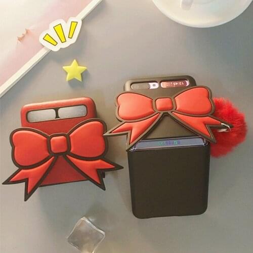 Super Cute Classic Red And Black Bow PU Leather Case Cover For Samsung Galaxy Z Flip 5G 4G Girl Fashion Fur Ball Pendant Cover