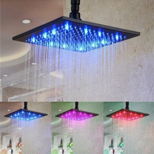 LED Black Stainless Steel Square Top Shower Head Temperature Control Three Color Luminous 8 Inch Large Showers Water Booster
