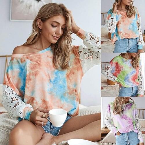 Women Fashion Tie-dye Print Long Sleeve O-Neck Casual Top Shirts 2021 Stylish Hollow Out Lace Sexy Loose Plus Size Clothes