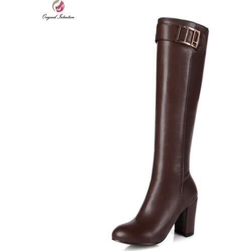 Original Intention Popular Women Knee High Boots Nice Round Toe Square Heels Boots Black Brown Beige Shoes Woman Size 3.5-10.5