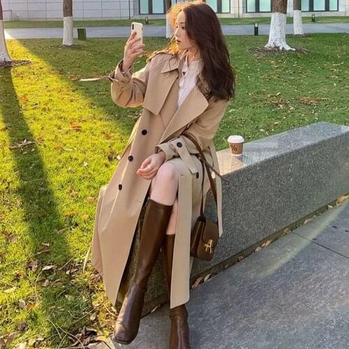 British Style Mid-length Women Khaki Trench Coat Plus Belt Autumn 2021 Loose Casual Elegant Double Breasted Windbreaker Outwear