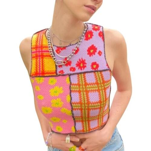 Women’s Causal Round Neck Knitted Vest Fashion Contrast Color Flower Exposed Navel Sleeveless Tops