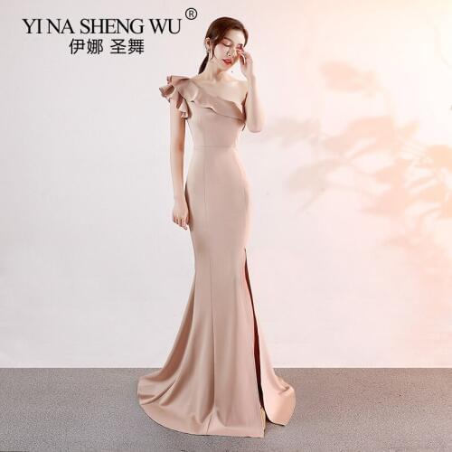 New Mermaid Satin Long Gown Apricot One Shoulder Sexy Side Slit Formal Prom Evening Party Gown Long Kleider Damen Abendkleid