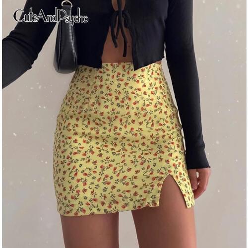 Floral Printed Womens Mini Dress Summer Sexy Split Skinny Slim Bodycon Skirt Streetwear Clubwear Skirt for Women Cuteandpscho