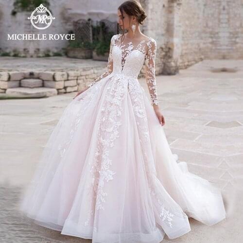 Michelle Royce A-Ling Wedding Dresses 2020 Long Sleeve Cut-Out Appliques Button Chapel Train Wedding Gowns Vestido De Noiva