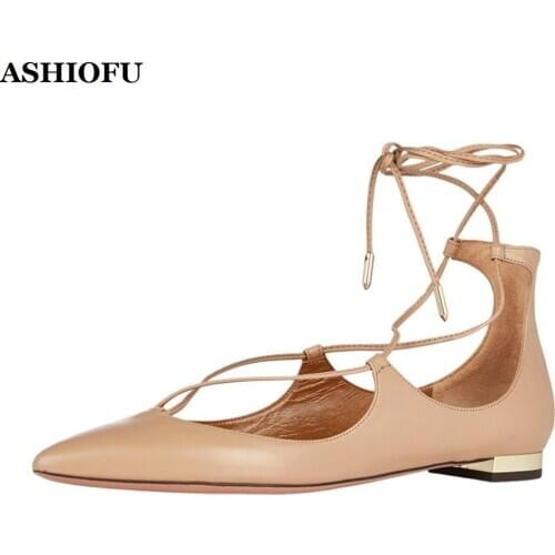 ASHIOFU New Arrival Handmade Womens Flat Shoes Lace-up Faux-leather Party Prom Dress Shoes Boat Evening Fashion Flats Shoes