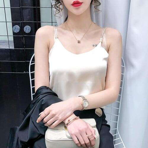 V-neck Satin Tank Tops Woman Sleeveless Black Tees Cami Sexy Halter Top Elegant Women White Tops vest Korean Silk Women A6F