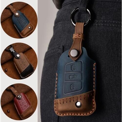 Handmade Genuine Leather Smart Car Key Cover Case Bag for Volkswagen PASSAT B8 Key Case Cover for Skoda Superb III
