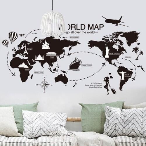 Black World Map Wall Decor Sticker Home Decor Wall Art Easy to Apply and Removable Decoration