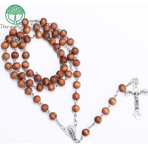 Catholic Rosary Wood Beads Jesus Pendant Necklace Men Women Prayer Beaded Religious Strand Necklaces Jewelry