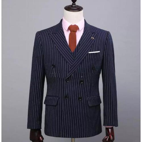 Blue Custom Wool Blue Double Breast White Stripe Suits Ropa Nina Coat Pant Images (Coat+Pants+Vest) Best Man Prom Tuxedos
