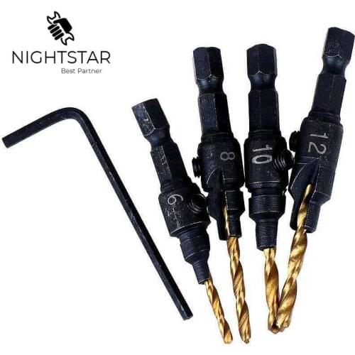 Krachtige 4PCS 1/4 Hex Quick Change Shank Countersink Tapered Drill Bit Cone Titanium Drill Bit Set 6# 8# 10# 12