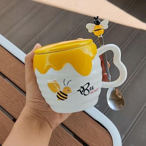 Cute little bee honey jar ceramic mug with lid spoon coffee cup breakfast mug personalized mug gift for relatives and friends