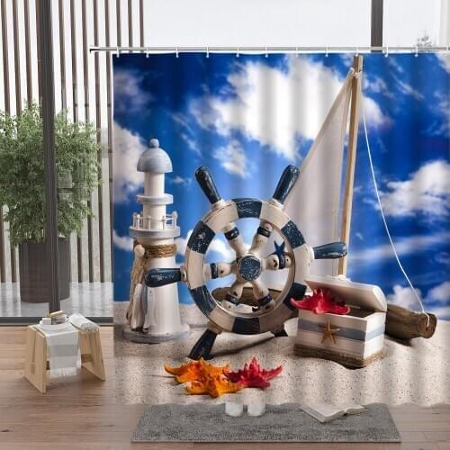 Sea Anchor Rudder Boat Shower Curtain Ocean Sandy Beach Sky Shell Conch Sunset Woodiness Ship Bathroom Waterproof Set Home Decor