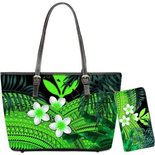 Leather Handbags Set For Women Polynesian Large Shoulder Bag And Purse Plumeria Turtle Printing Casual Luxury Leather Handbags