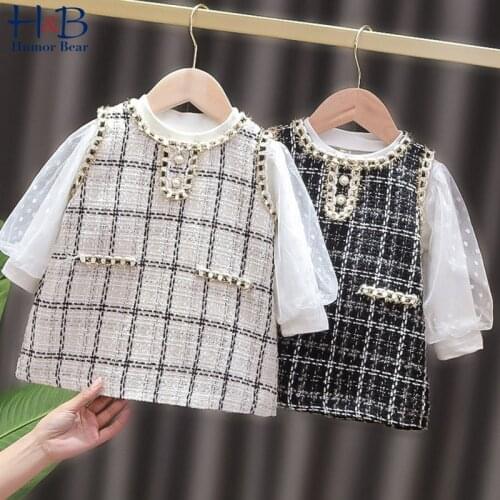 Humor Bear Baby Dress New Spring Autumn Mesh Long Sleeve Shirt +Sleeveless Plaid Princess Dress 2pcs Toddler Clothes