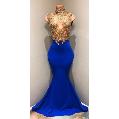 Luxury Mermaid Evening Dresses 2019 High Neck Sleeveless Gold Lace Appliques Prom Gowns Plus Size Formal Party Dress