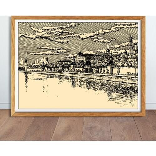 Russia Moscow Kremlin View Canvas Art Print USSR High-Rise Building Black White Sketch Line Art Painting Poster Home Wall Decor