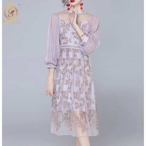 SMTHMA High-Quality Luxury Design Runway Summer Dress Womens Mesh Patchwork Embroidery Party Dresses Vestidos