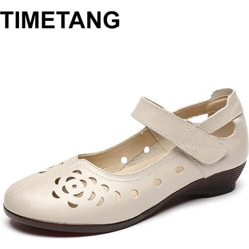 TIMETANG Genuine Leather Ladies Flat Summer Shoes Woman Slip On Casual Loafers Hollow Out Round Toe Soft Comfort Sandals Woman