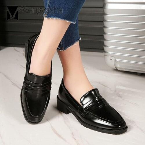 British square toe oxford leather flats women brief thick heels brogues female retro espadrilles slip on footwear big size43c145