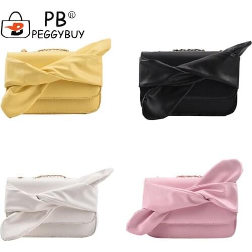 Vintage Bowknot Underarm Bag PU Leather Pearl Chain Underarm Shoulder Handbags Casual Ladies Solid Color Small Flap Purse