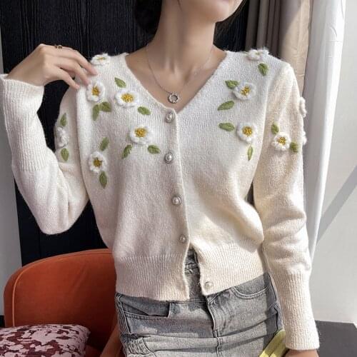 Crochet Flower Vintage Cardigan Women Beige Sweater Coat 2021 Autumn V-neck Contrast Color Flower Crochet Loose Knit Cardigan