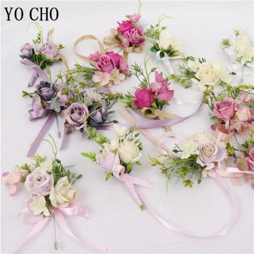 YO CHO Wedding Rose Flower Boutonniere Buttonholes Groom Groomsmen Wedding Girl Wrist Corsages Prom Suit Decorations Party Pins