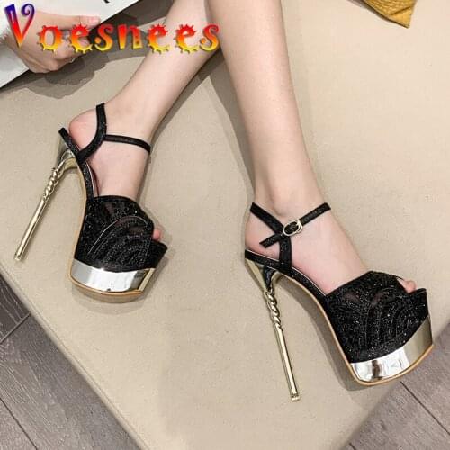 Voesnees Womens Shoes Sandals 2021 New Gold Rhinestone Stiletto Platform High Heels Summer Peep Toe Hollow Model Catwalk Shoes