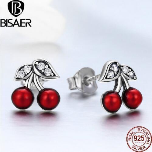 100% Bijoux 925 Sterling Silver Sweet Red Cherry Fruit Enamel Stud Earrings for Women Fashion Earrings Jewelry Brincos ECE404
