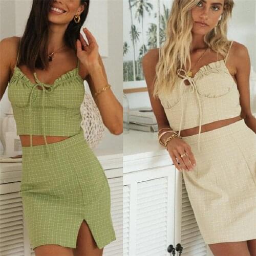 2PCS Summer Womens Set Plaid Backless Lace Up Camisole Crop Tops + Streachy Elastic Split Skirt 2021 Female Outfits 2021 New