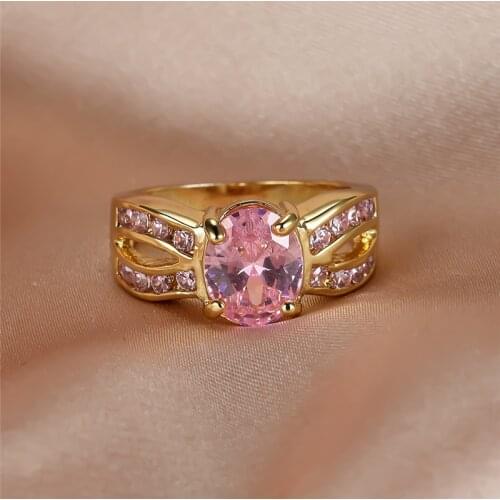 Pink Oval Stone Ring 4 Prong Crystal Zircon Rings For Women Wedding Jewelry Vintage Fashion Yellow Gold Ring Mothers Day Gifts