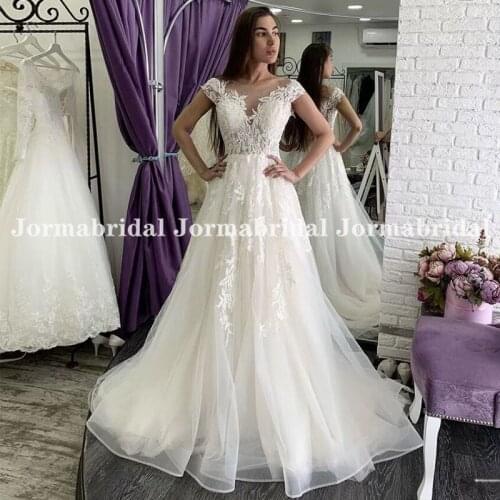 Boho Beach Wedding Dress Sheer O-Neck Lace Appliques Transparent Princess Wedding Gowns Cap Sleeves Bride Dress Vestido De Novia