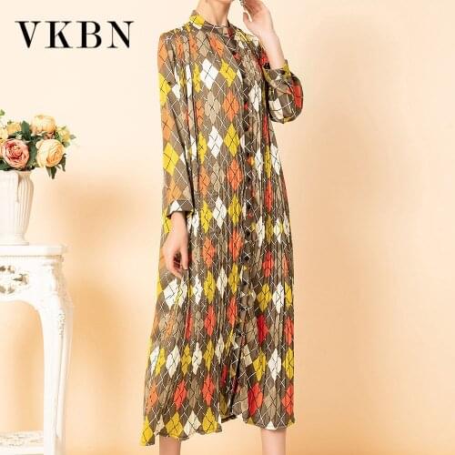 VKBN Summer Dress Women Casual Geometric Printing Ruched Fabric Single Breasted Full Sleeve Party Elegant Maxi Dress Fashion