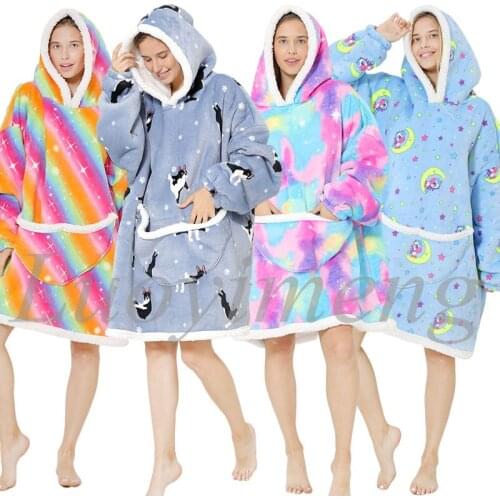 Winter Warm Kigurumi Unicorn Blanket Hoodie Flannel Plush Blankets With Sleeves Soft Sweatshirts Wearable Hooded Big Blankets