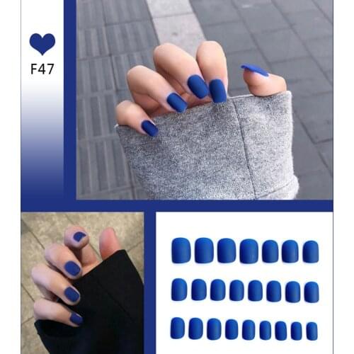 24Pcs/Set Navy Blue Full Cover False Nail DIY Slider Short Round Head Removable Fake Nails Acrylic Nails with Glue For Girls