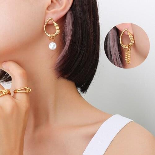 Asymmetric Gold Plated Stainless Steel Tassel Chain Drop Earrings For Women Accessories, Simulated Pearl Womans Earings Jewelry