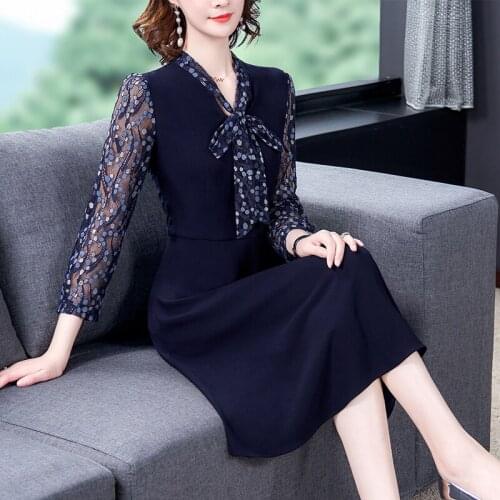 Chikichi Elegant Fashion Navy Blue Spring Hollow Out Lace Dress Women 2021 New Long Autumn A-line Party Dress Women