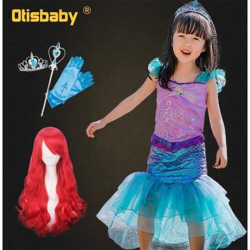 Little Mermaid Party Halloween Costume Child Fantasy Princess Ariel Dress Glitter Ruffle Frocks for Girls Mermaid Wig Children