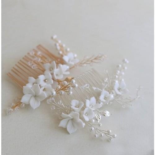 Floralbride Handmade Wired Alloy Ceram Flower Pearl Bridal Hair Comb Wedding Headdress Hair AccessoriesBridesmaids Women Jewelry