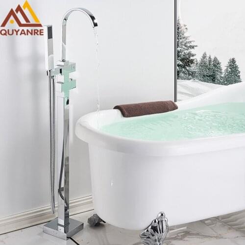 Quyanre Chrome Thermostatic Shower Faucet Floor Standing Tap Bathroom Bath shower Mixer Set Shower Bathtub Faucet Taps