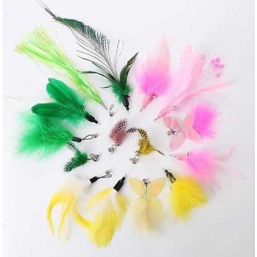 Pet Cat Toy Cat Stick Changing Head Suit 5 Pieces Beautiful Feather Ribbon Caterpillar Butterfly Sequin Cat Toys With Bells