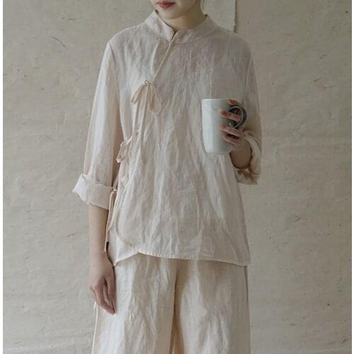 Johnature Summer New Stand Nine Quarter Sleeve Cotton Linen Women Lace Up Tops 2021 Simple Comfortable All-match Women Shirts