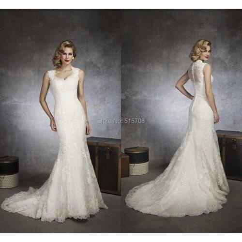 Custom Mermaid Wedding Dresses Lace Sheer Back Sleeveless Court Train Covered Buttons Appliques Garden Bridal Party Gowns
